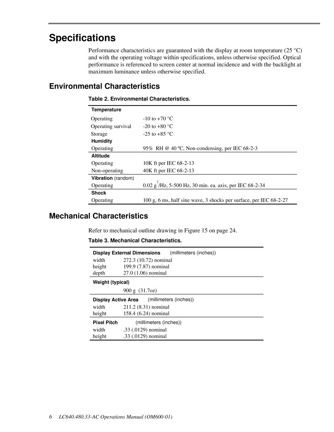 Planar LC640.480.33-AC manual Specifications, Environmental Characteristics, Mechanical Characteristics 