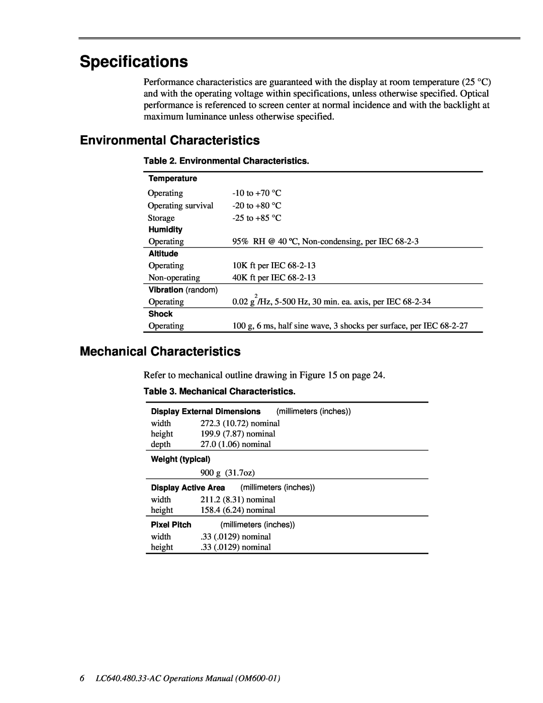 Planar LC640.480.33-AC manual Specifications, Environmental Characteristics, Mechanical Characteristics 