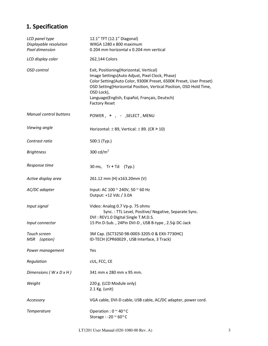 Planar LT1201 user manual Specification 