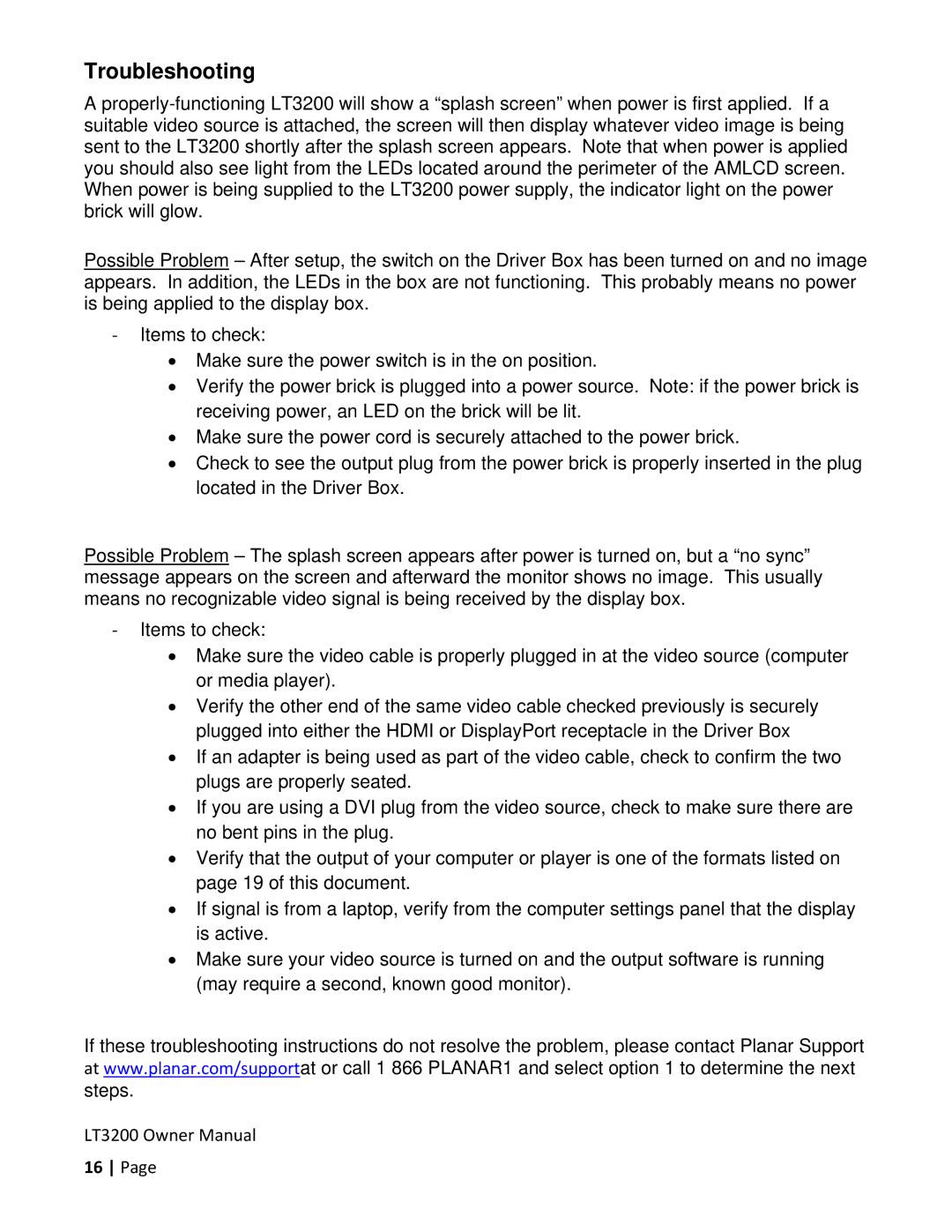 Planar LT3200 owner manual Troubleshooting 