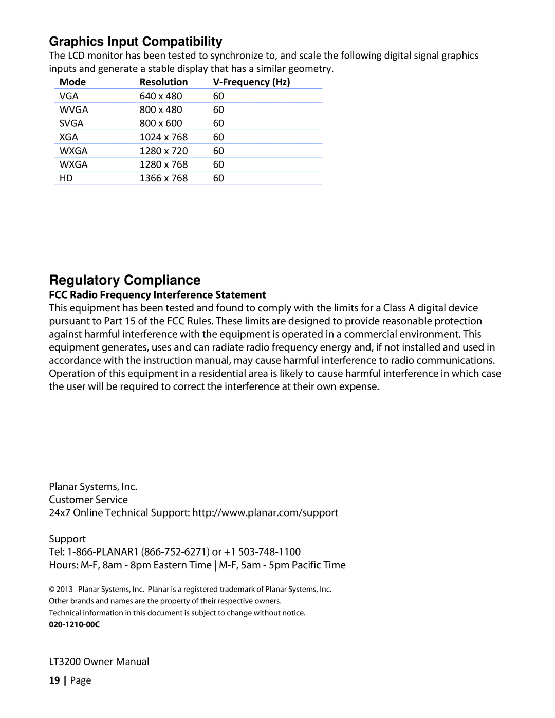 Planar LT3200 owner manual Regulatory Compliance, Graphics Input Compatibility 