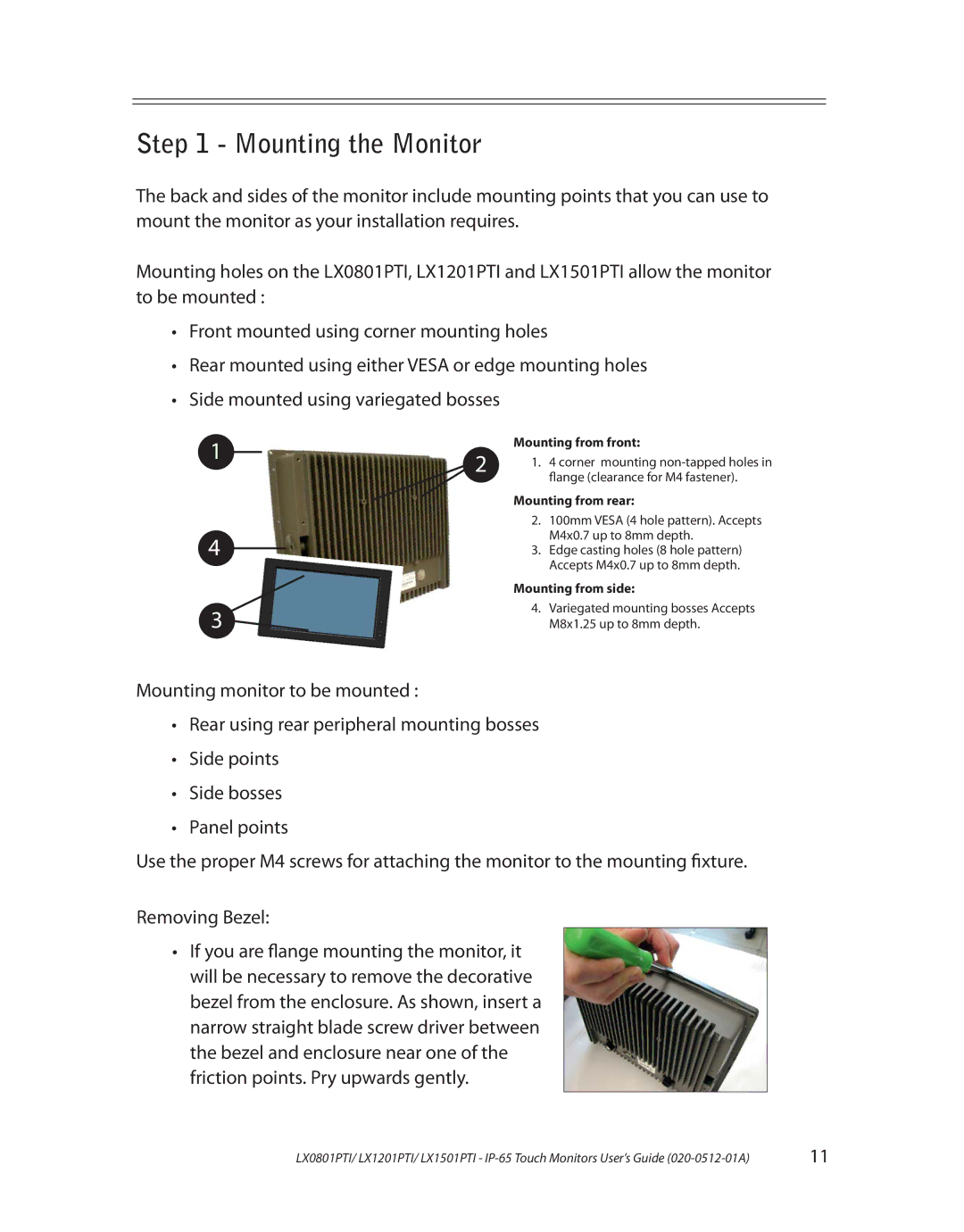 Planar LX1501PTI, LX0801PTI, LX1201PTI manual Mounting the Monitor, Mounting from rear 