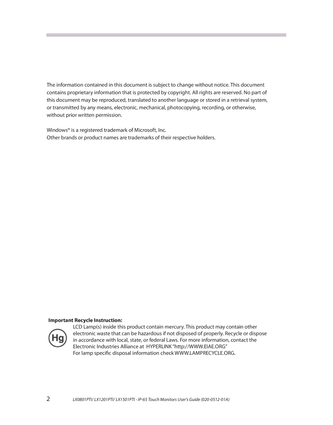 Planar LX1501PTI, LX0801PTI, LX1201PTI manual Important Recycle Instruction 