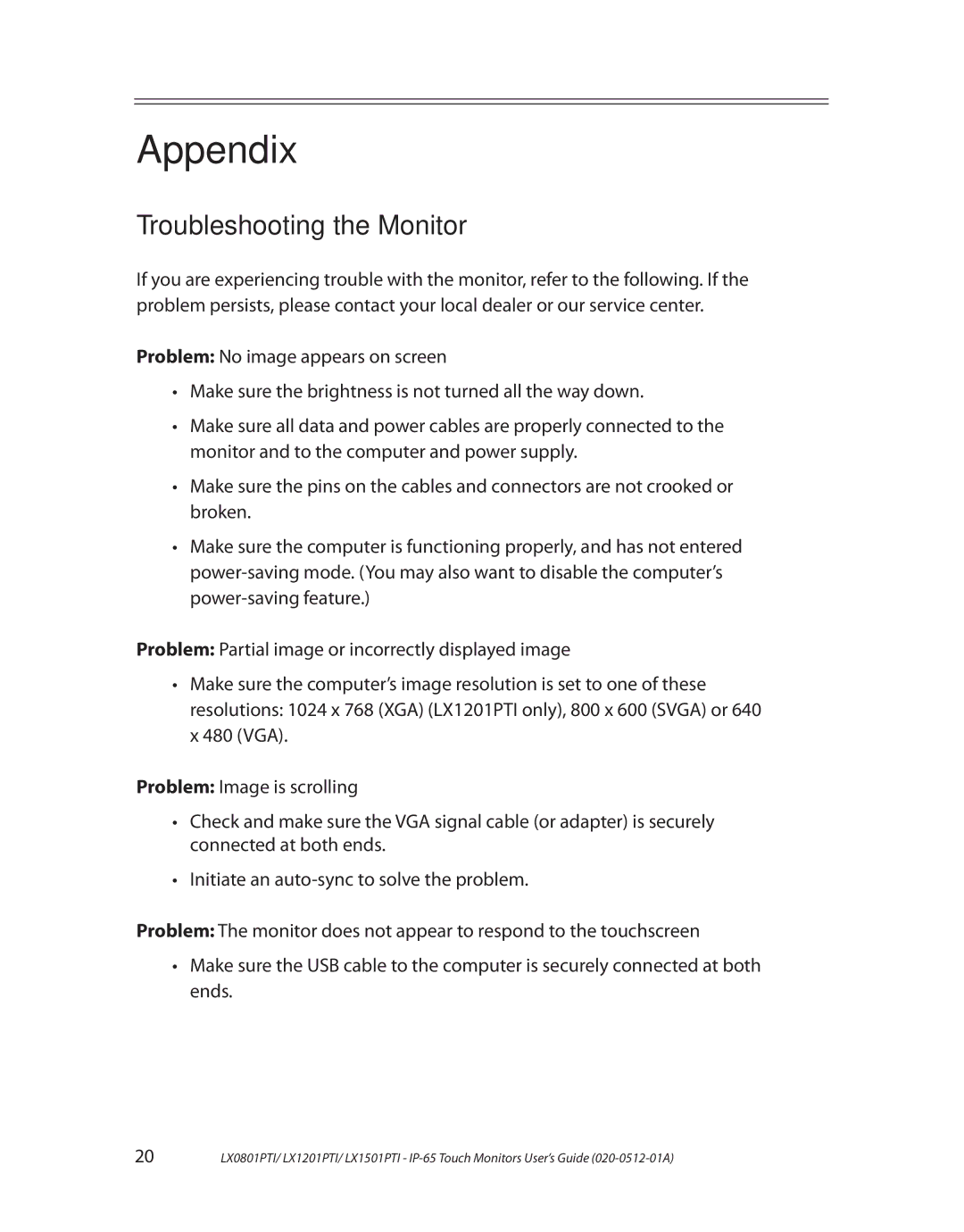 Planar LX1501PTI, LX0801PTI, LX1201PTI manual Appendix, Troubleshooting the Monitor 