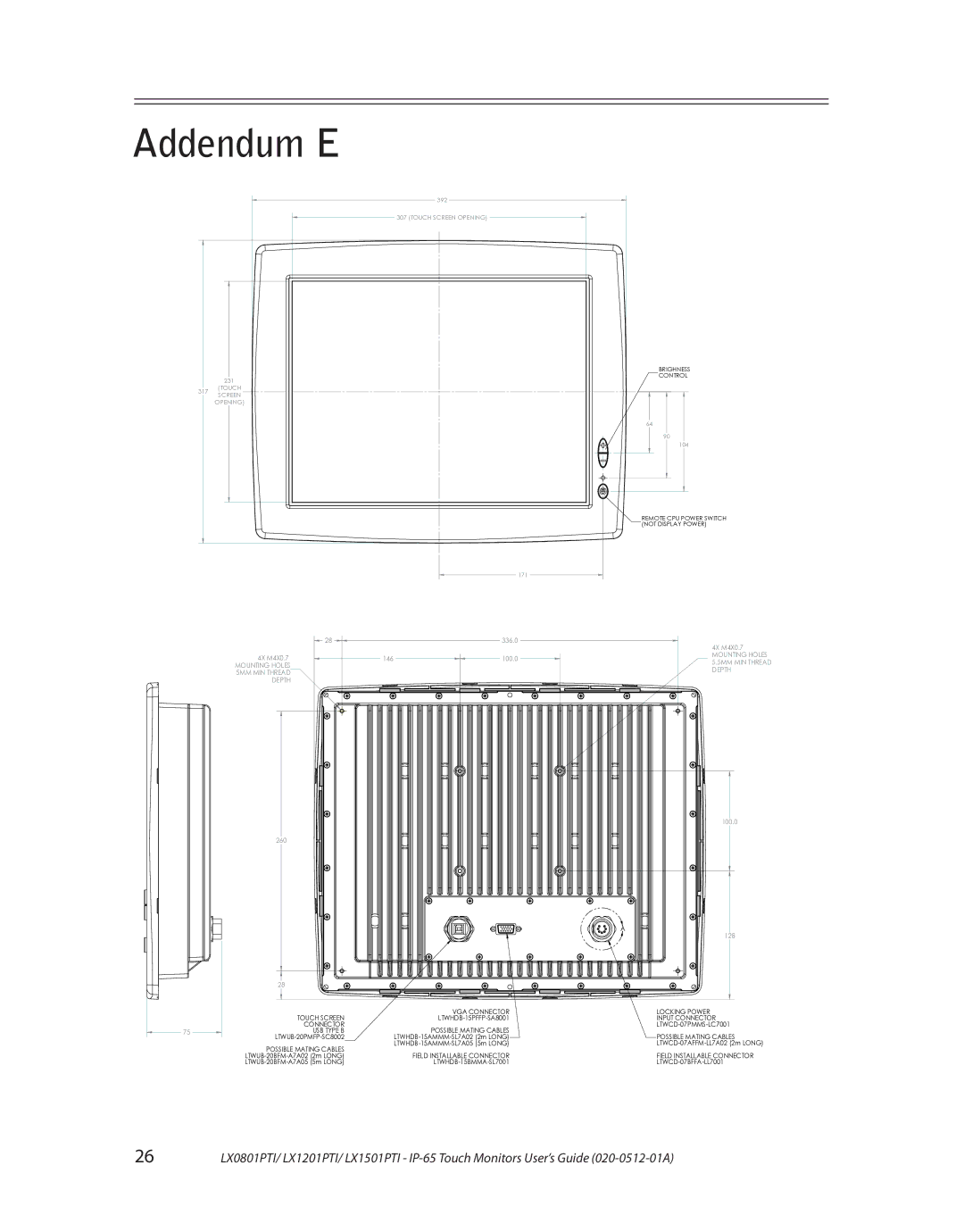 Planar LX1501PTI, LX0801PTI, LX1201PTI manual Addendum E, Mounting Holes 5.5MM MIN Thread Depth 