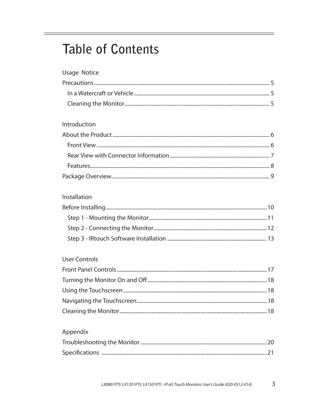 Planar LX0801PTI, LX1201PTI, LX1501PTI manual Table of Contents 