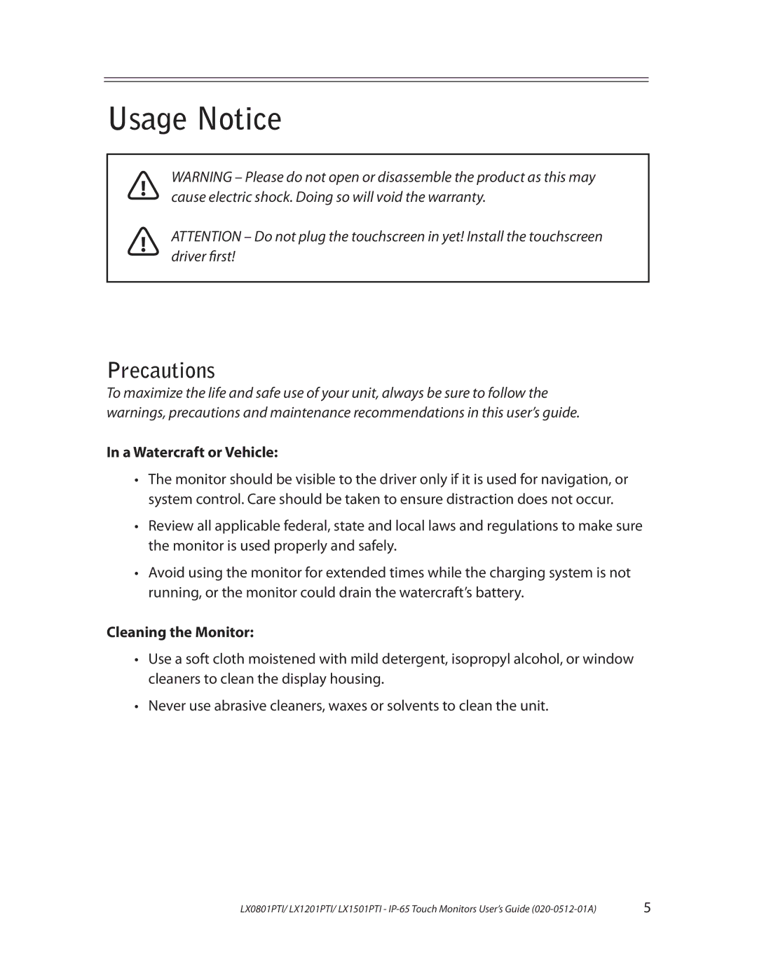 Planar LX1501PTI, LX0801PTI, LX1201PTI manual Usage Notice, A Watercraft or Vehicle, Cleaning the Monitor 