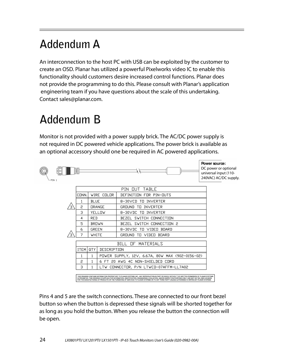 Planar LX0801PTI, LX1201PTI, LX1501PTI manual Addendum a, Addendum B 