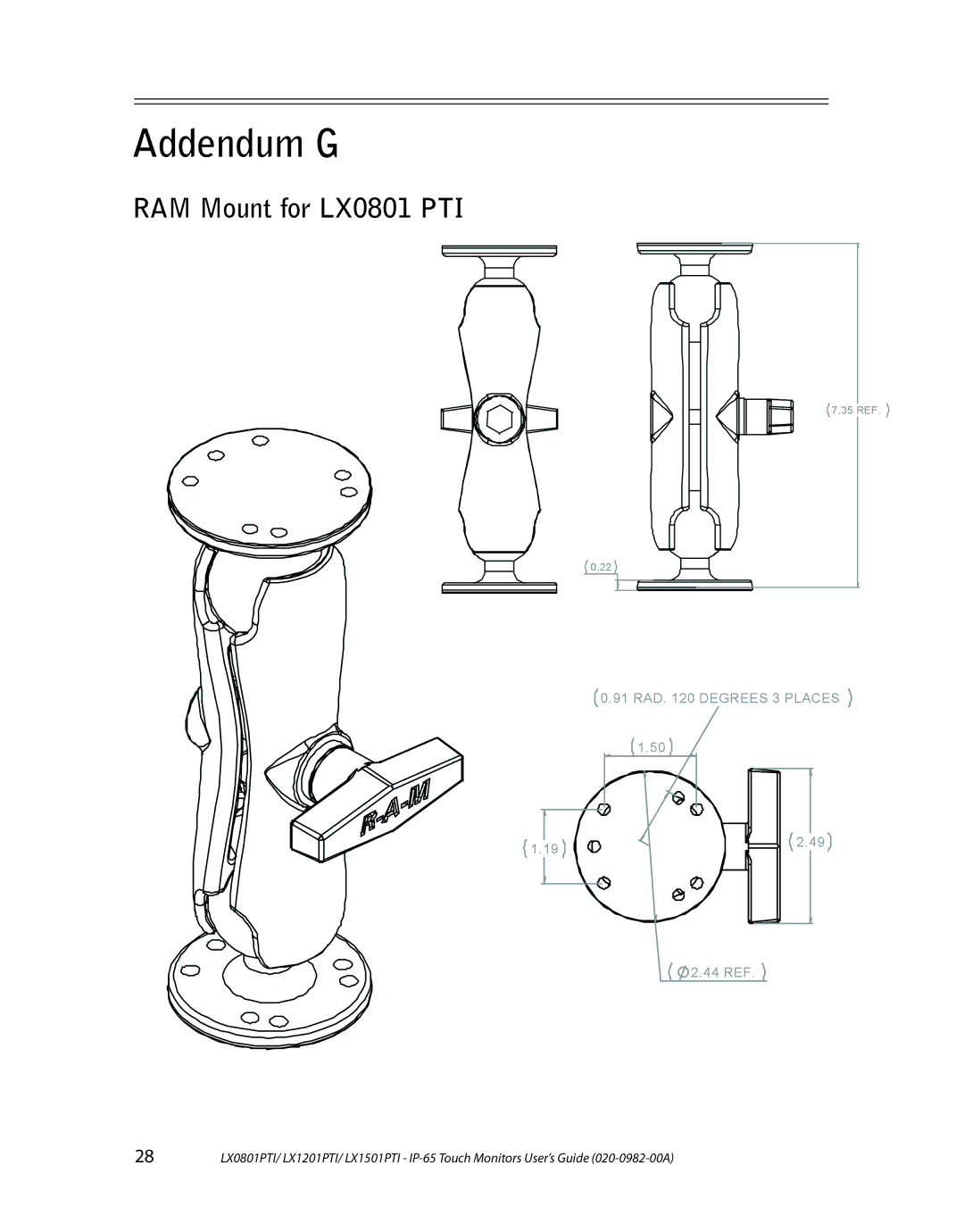 Planar LX1201PTI, LX0801PTI, LX1501PTI manual Addendum G, RAM Mount for LX0801 PTI 