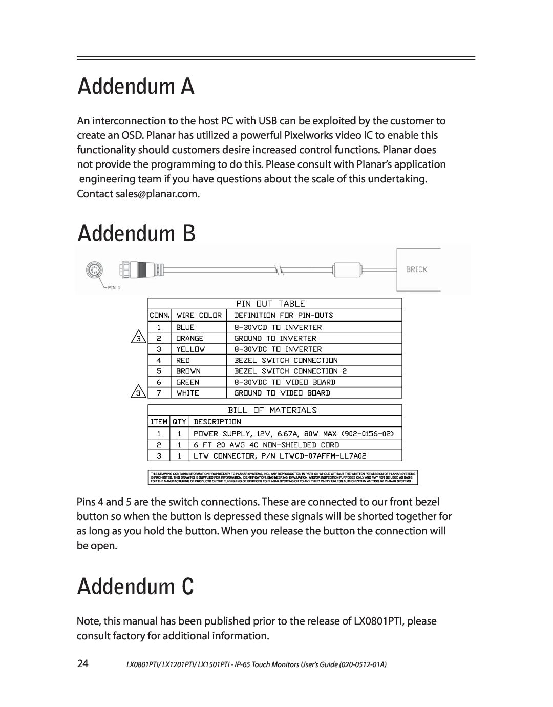 Planar LX0801PTI, LX1201PTI, LX1501PTI manual Addendum A, Addendum B, Addendum C 