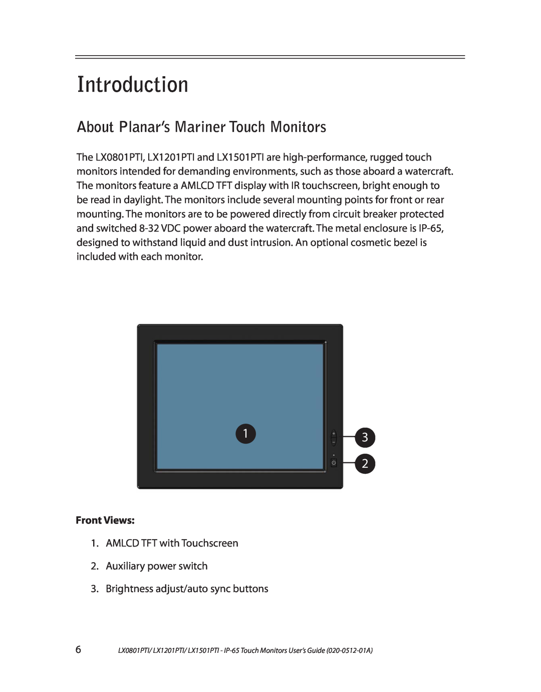 Planar LX0801PTI, LX1201PTI, LX1501PTI manual Introduction, About Planar’s Mariner Touch Monitors, Front Views 