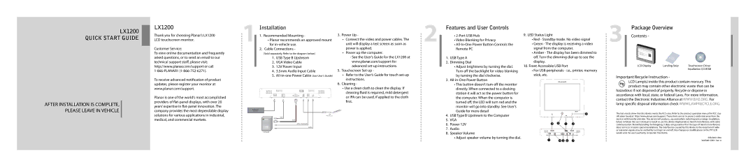 Planar LX1200 quick start Quick Start Guide, Installation, Features and User Controls,  Package OverviewContents 