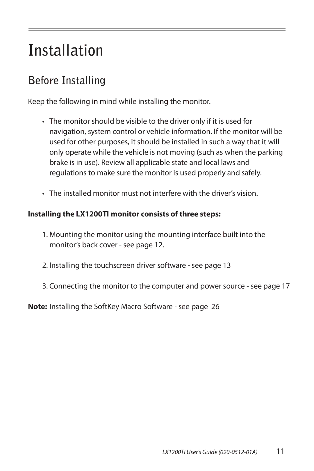 Planar LX1200TI manual Installation, Before Installing, Keep the following in mind while installing the monitor 