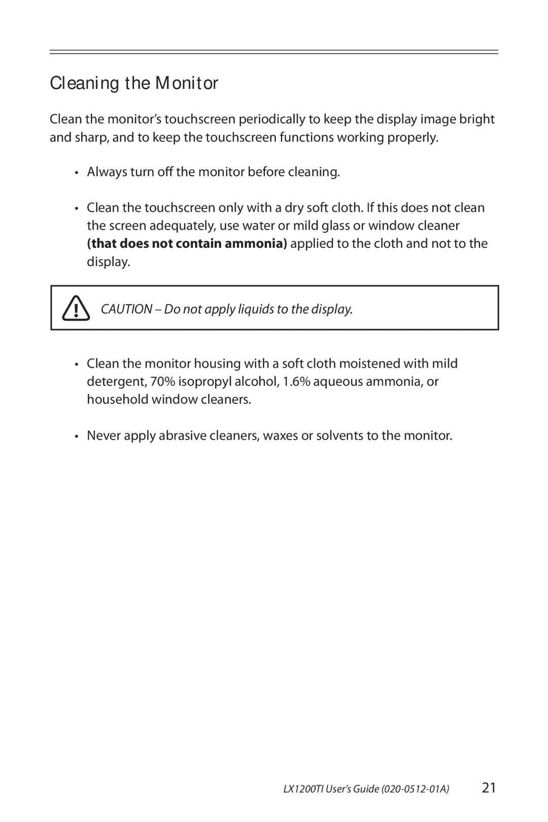 Planar LX1200TI manual Cleaning the Monitor 