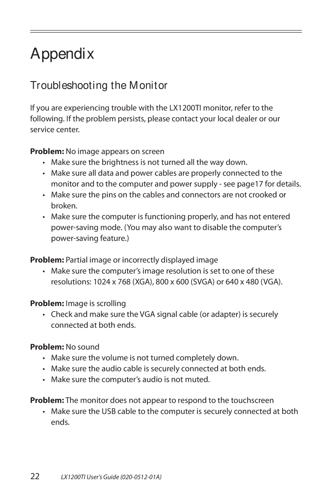 Planar LX1200TI manual Appendix, Troubleshooting the Monitor, Problem No sound 