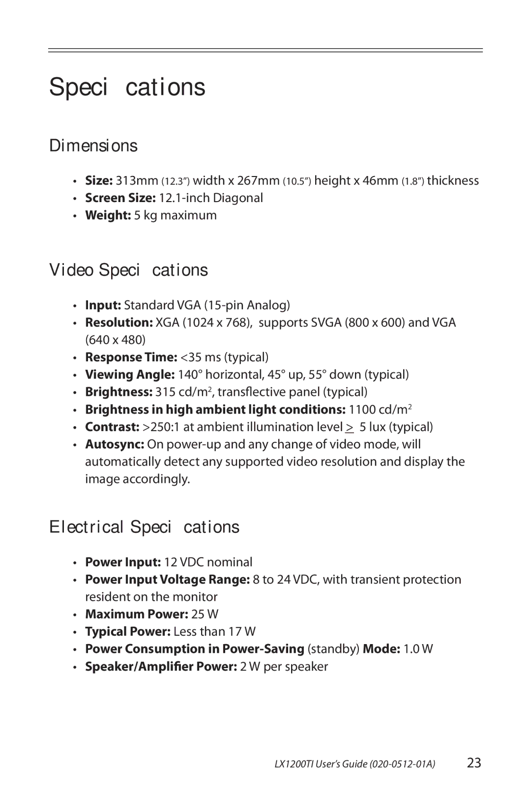 Planar LX1200TI manual Dimensions, Video Speciﬁcations, Electrical Speciﬁcations 