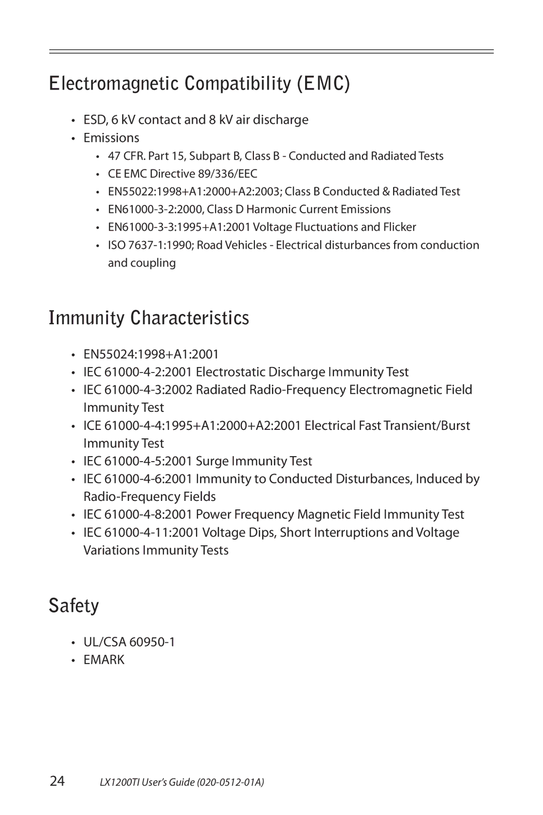 Planar LX1200TI manual Electromagnetic Compatibility EMC, Immunity Characteristics, Safety, Ul/Csa 