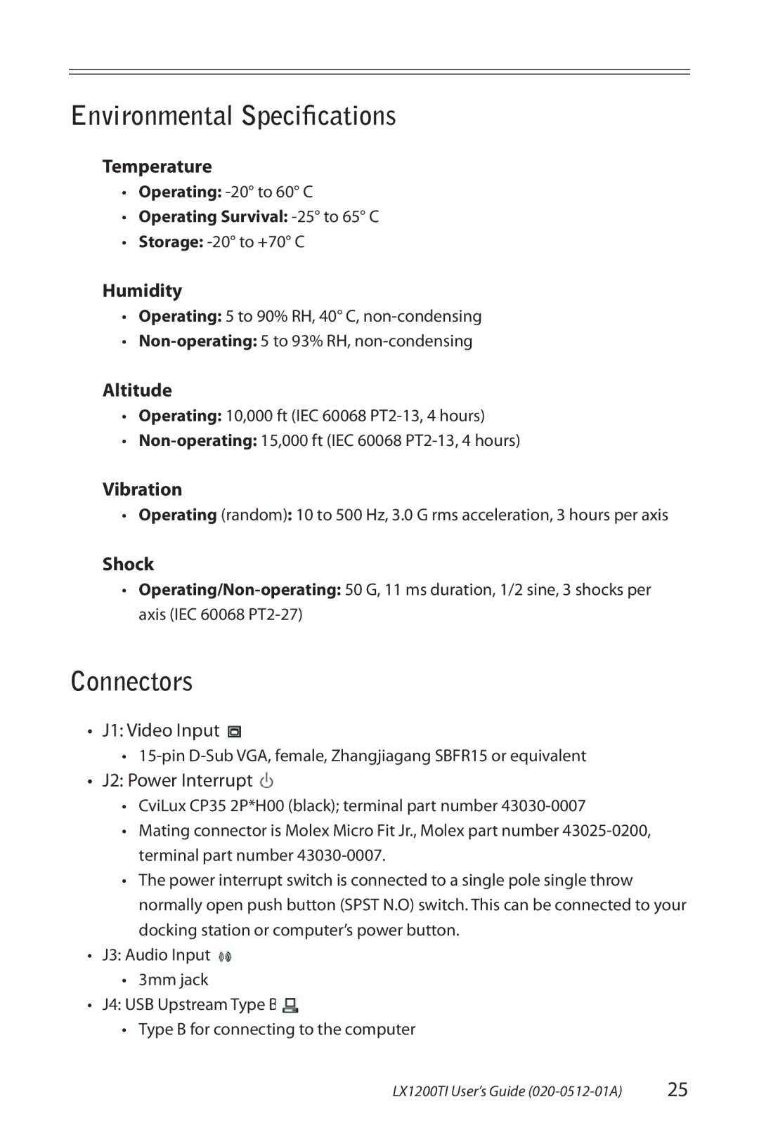 Planar LX1200TI manual Environmental Speciﬁcations, Connectors 