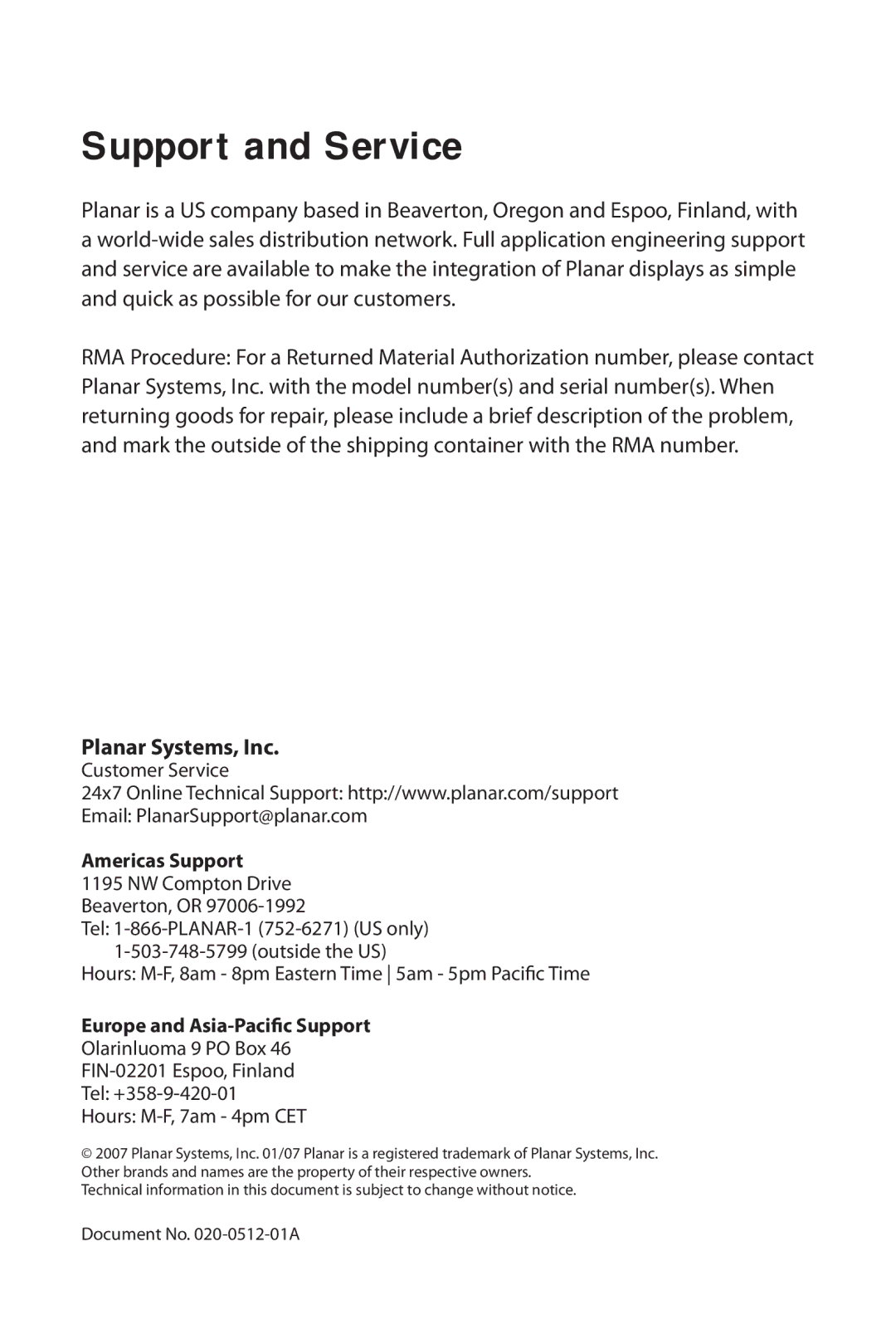 Planar LX1200TI manual Support and Service, Planar Systems, Inc 