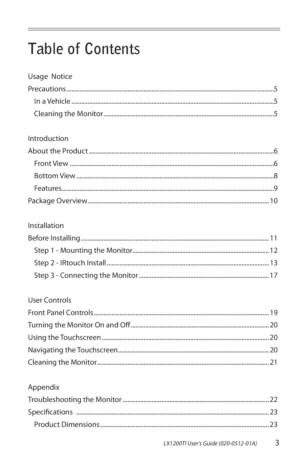 Planar LX1200TI manual Table of Contents 