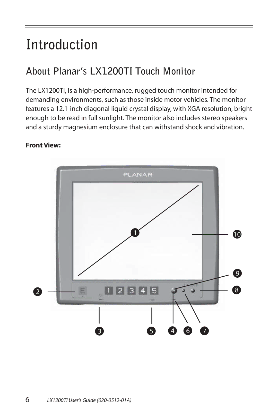 Planar manual Introduction, About Planar’s LX1200TI Touch Monitor, Front View 