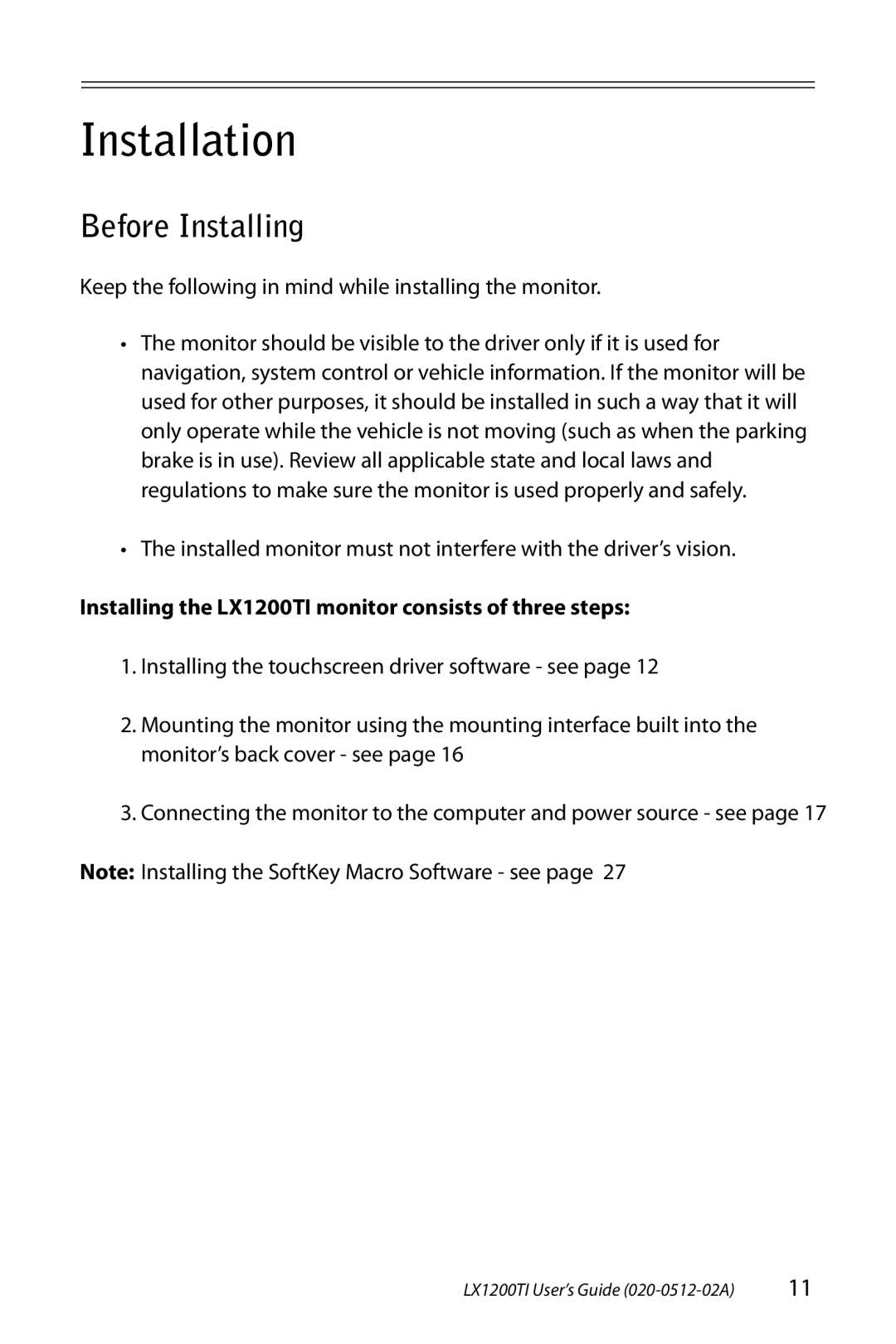 Planar LX1200TI manual Installation, Before Installing, Keep the following in mind while installing the monitor 