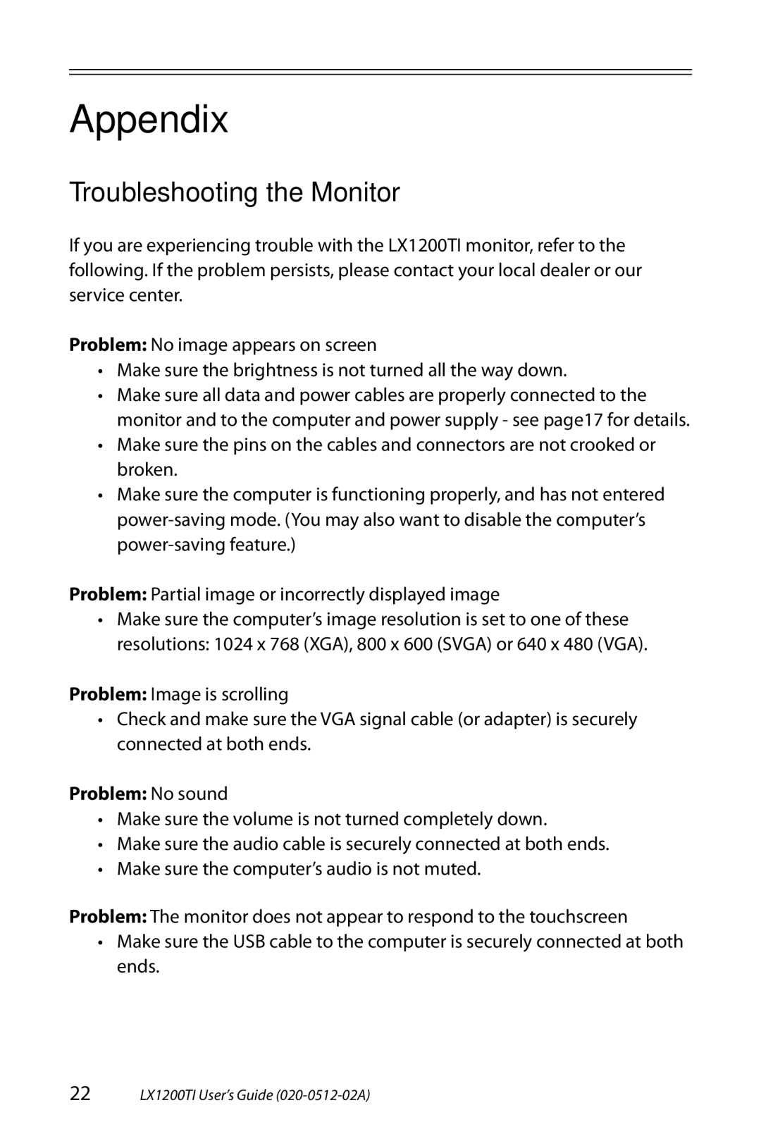 Planar LX1200TI manual Appendix, Troubleshooting the Monitor, Problem No sound 