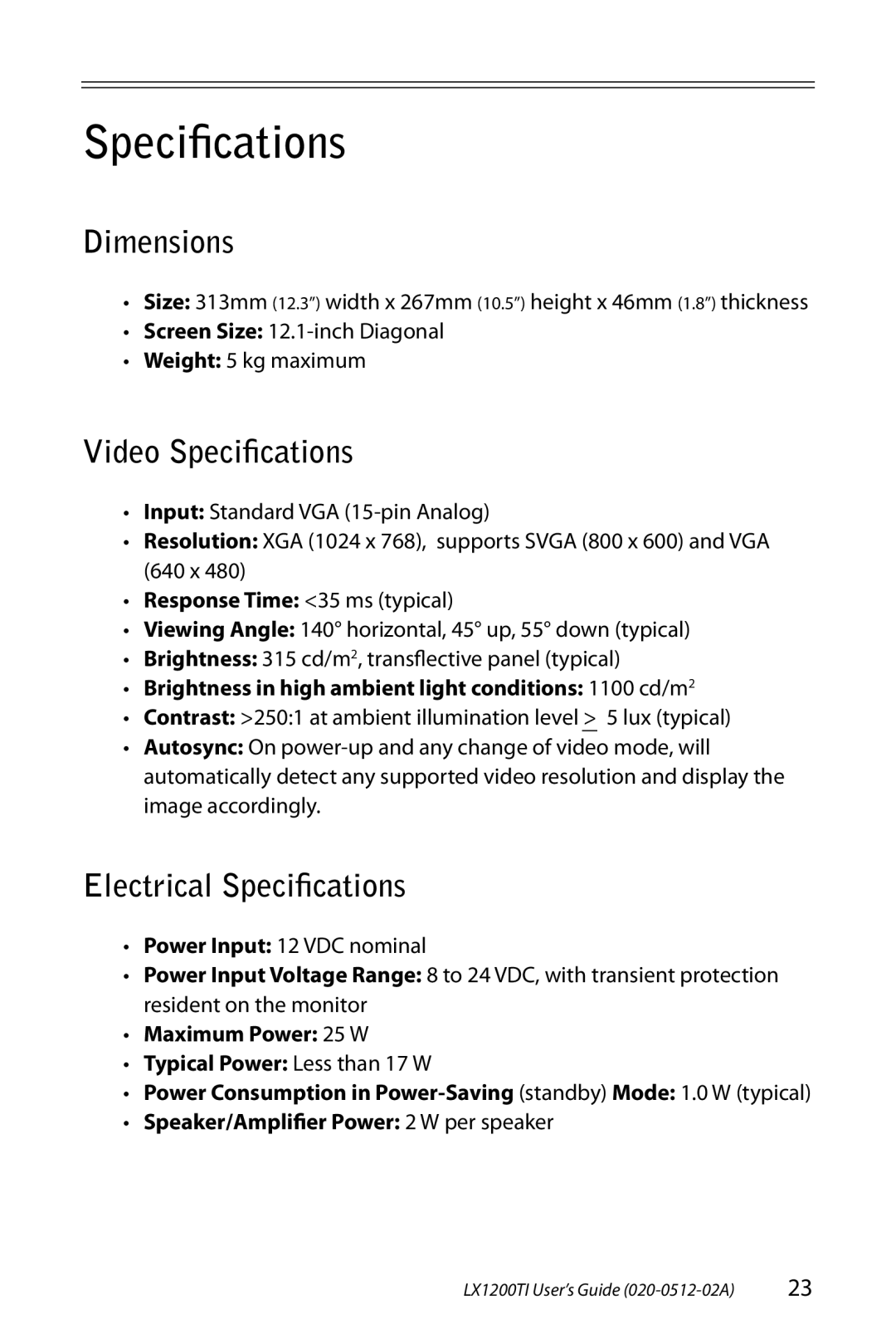 Planar LX1200TI manual Dimensions, Video Speciﬁcations, Electrical Speciﬁcations 