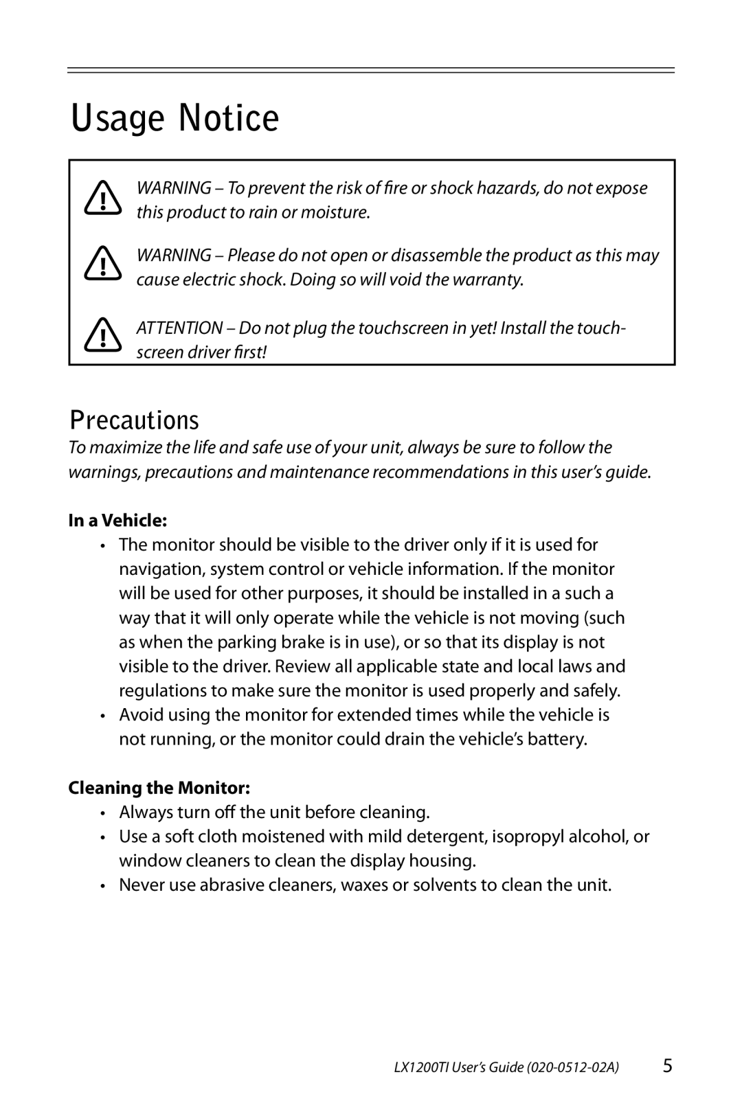 Planar LX1200TI manual Usage Notice, Precautions, A Vehicle, Cleaning the Monitor 