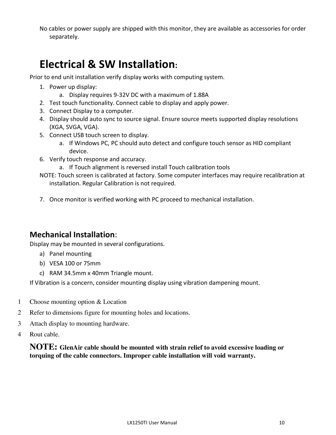 Planar LX1250TI, LX1251TI manual Electrical & SW Installation, Mechanical Installation 