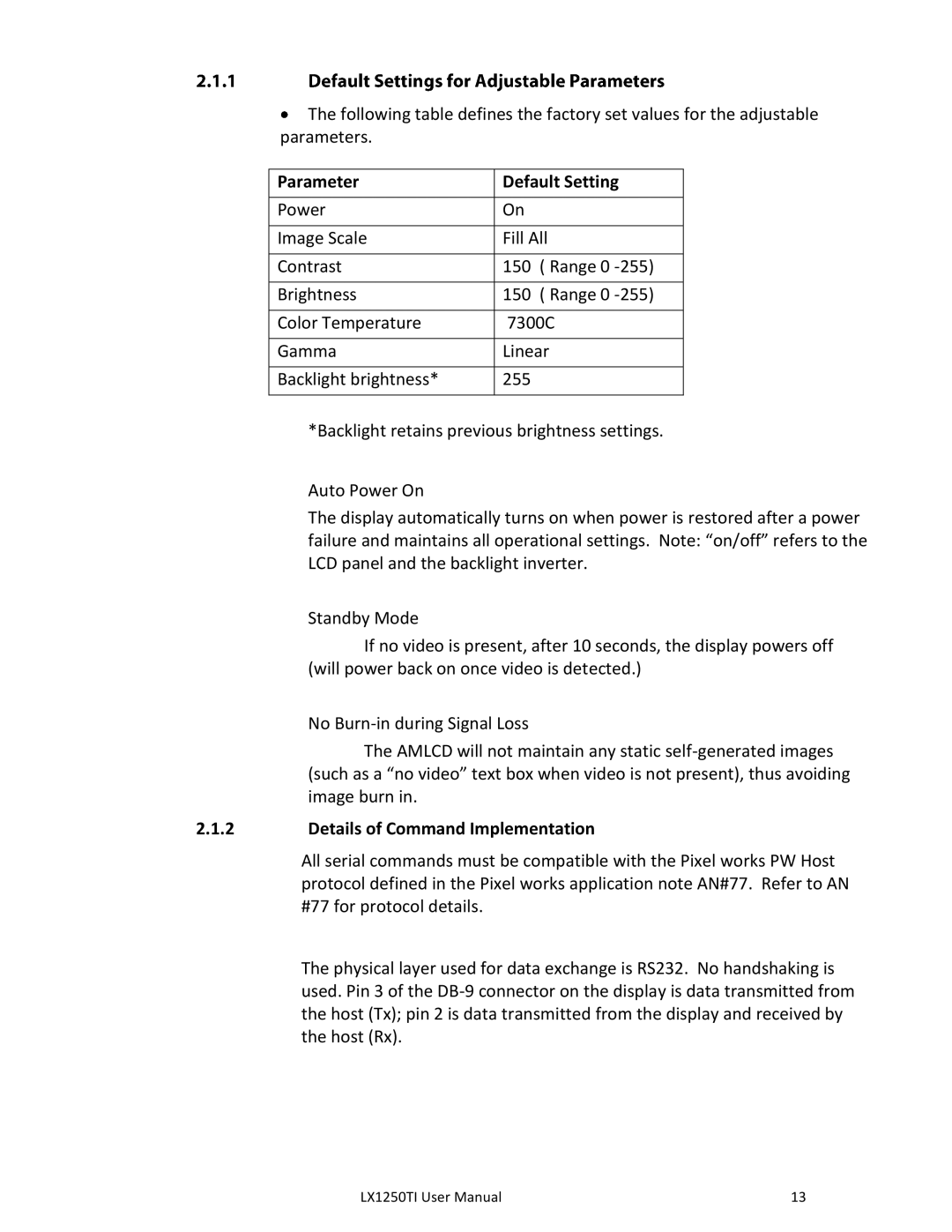 Planar LX1251TI, LX1250TI manual Parameter Default Setting 