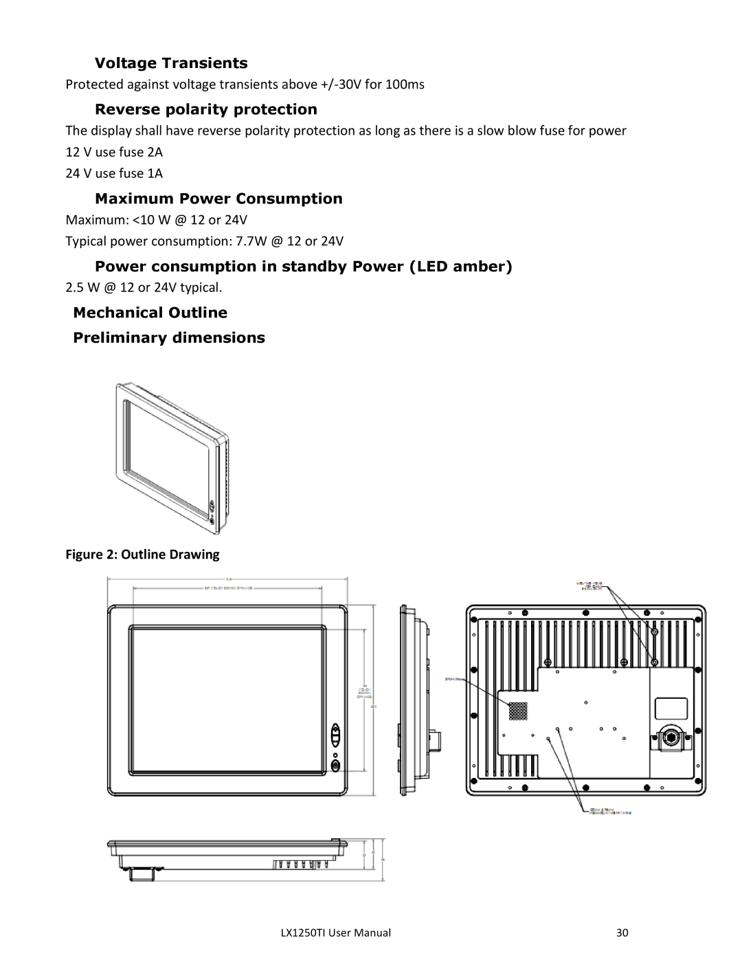 Planar LX1250TI, LX1251TI manual Voltage Transients, Reverse polarity protection, Maximum Power Consumption 