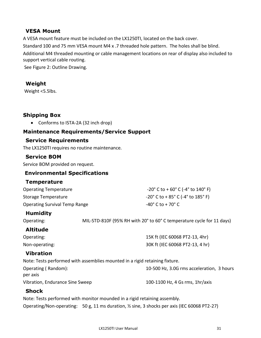 Planar LX1251TI Vesa Mount, Weight, Shipping Box, Service BOM, Environmental Specifications Temperature, Humidity, Shock 