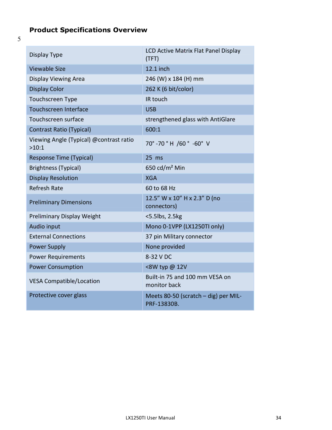 Planar LX1250TI, LX1251TI manual Product Specifications Overview, Tft 