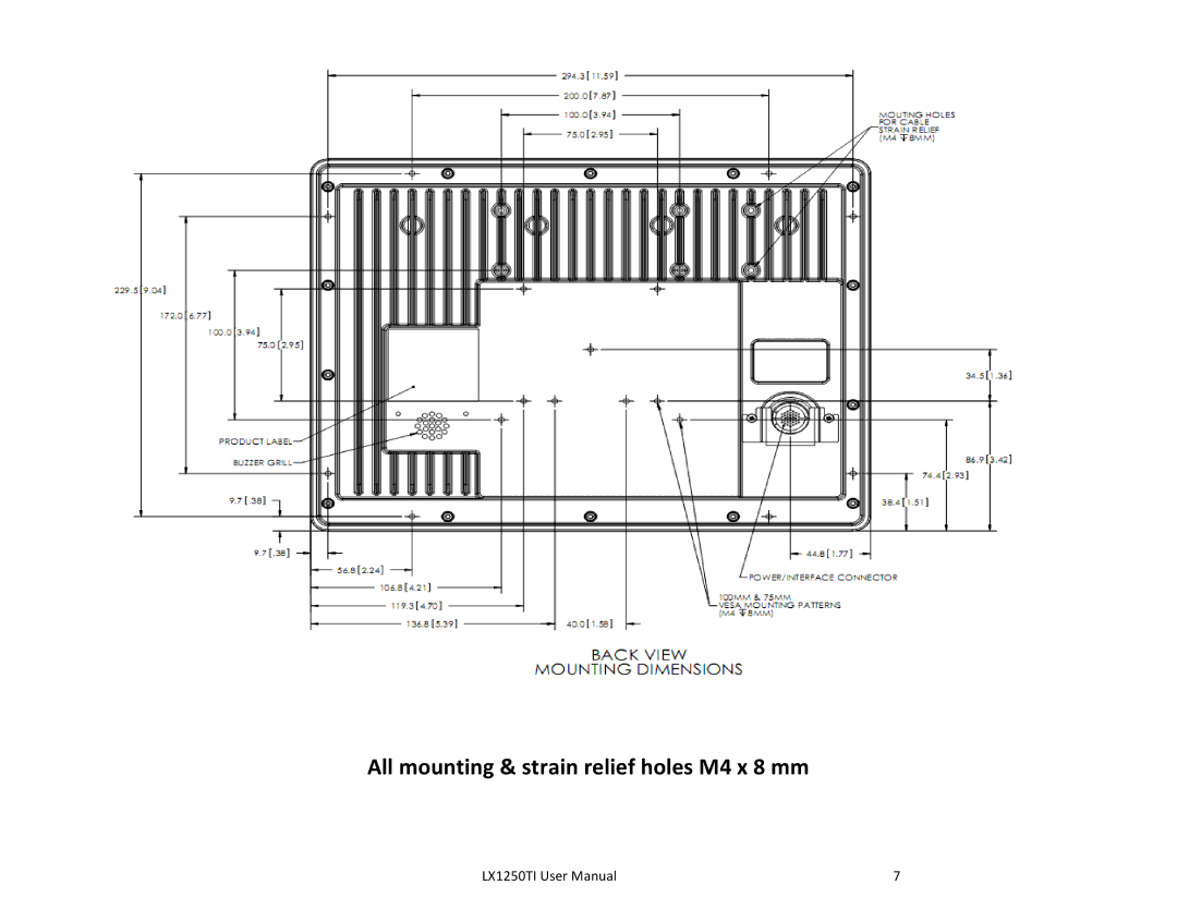 Planar LX1251TI, LX1250TI manual All mounting & strain relief holes M4 x 8 mm 