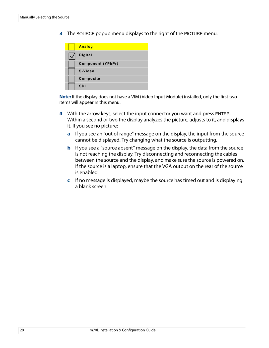 Planar M70L manual Source popup menu displays to the right of the Picture menu 