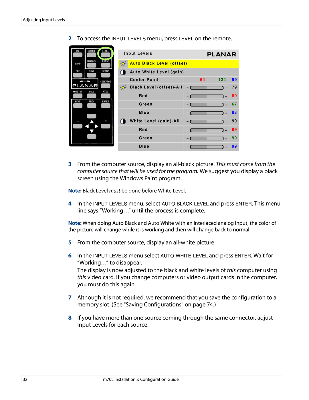 Planar M70L manual To access the Input Levels menu, press Level on the remote 