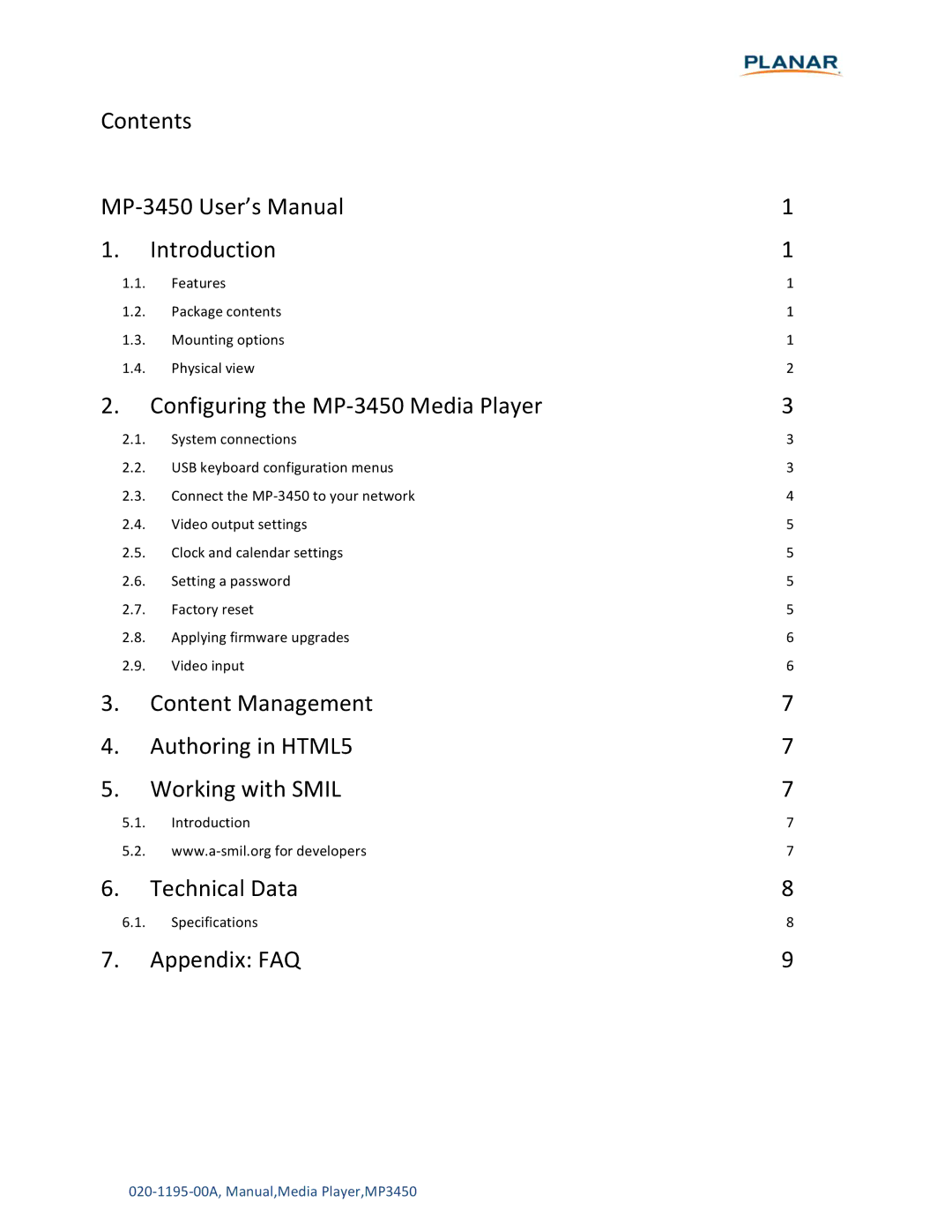 Planar user manual Contents MP-3450 User’s Manual Introduction 