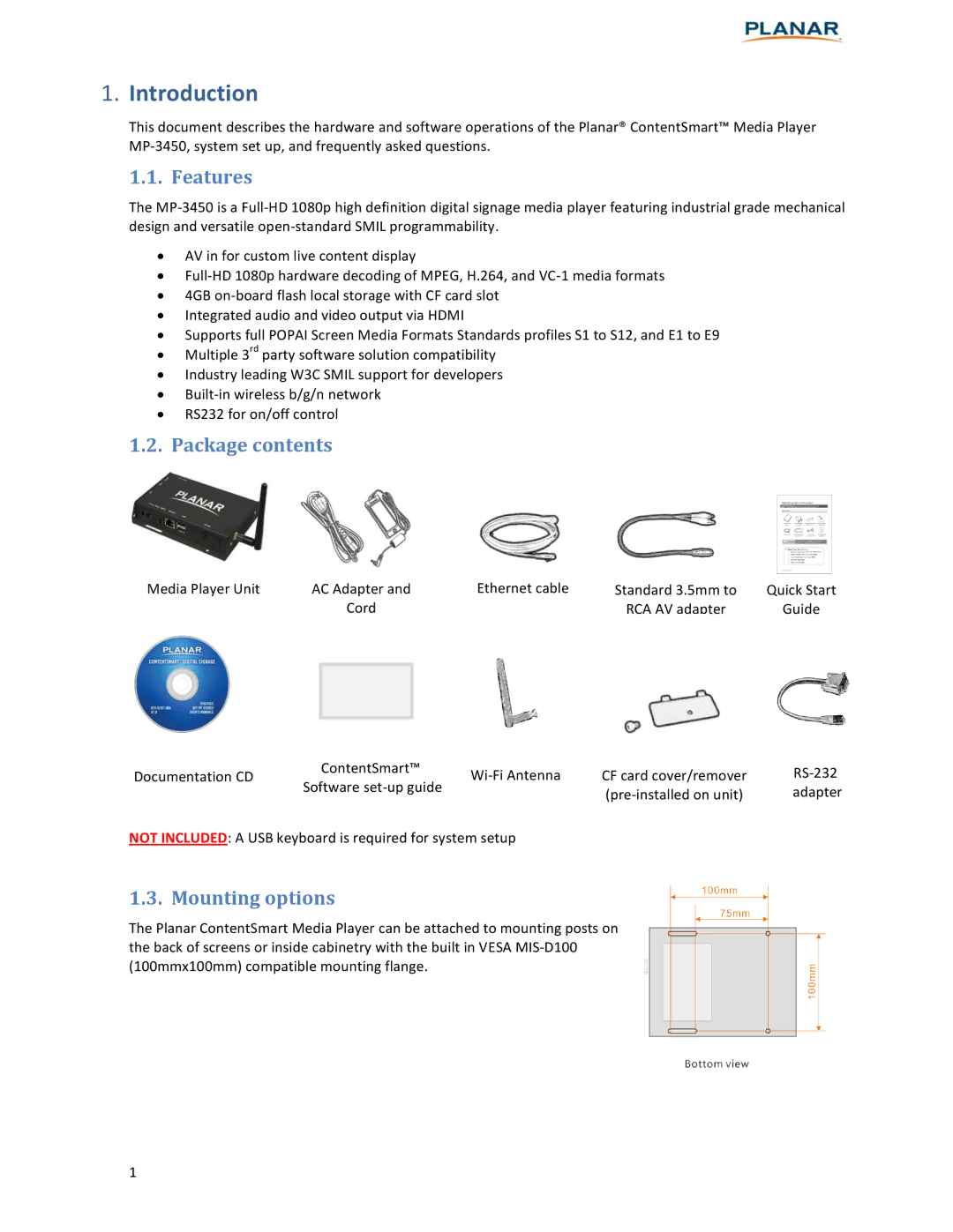 Planar MP-3450 user manual Introduction, Features, Package contents, Mounting options 