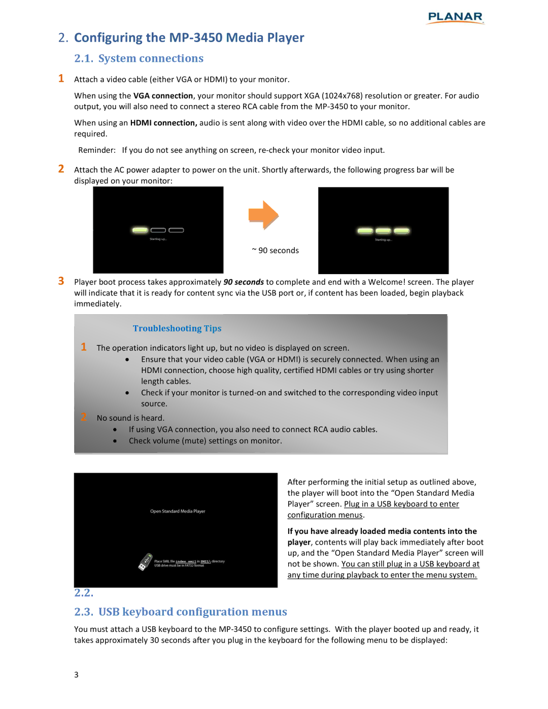 Planar Configuring the MP-3450 Media Player, System connections, USB keyboard configuration menus, Troubleshooting Tips 