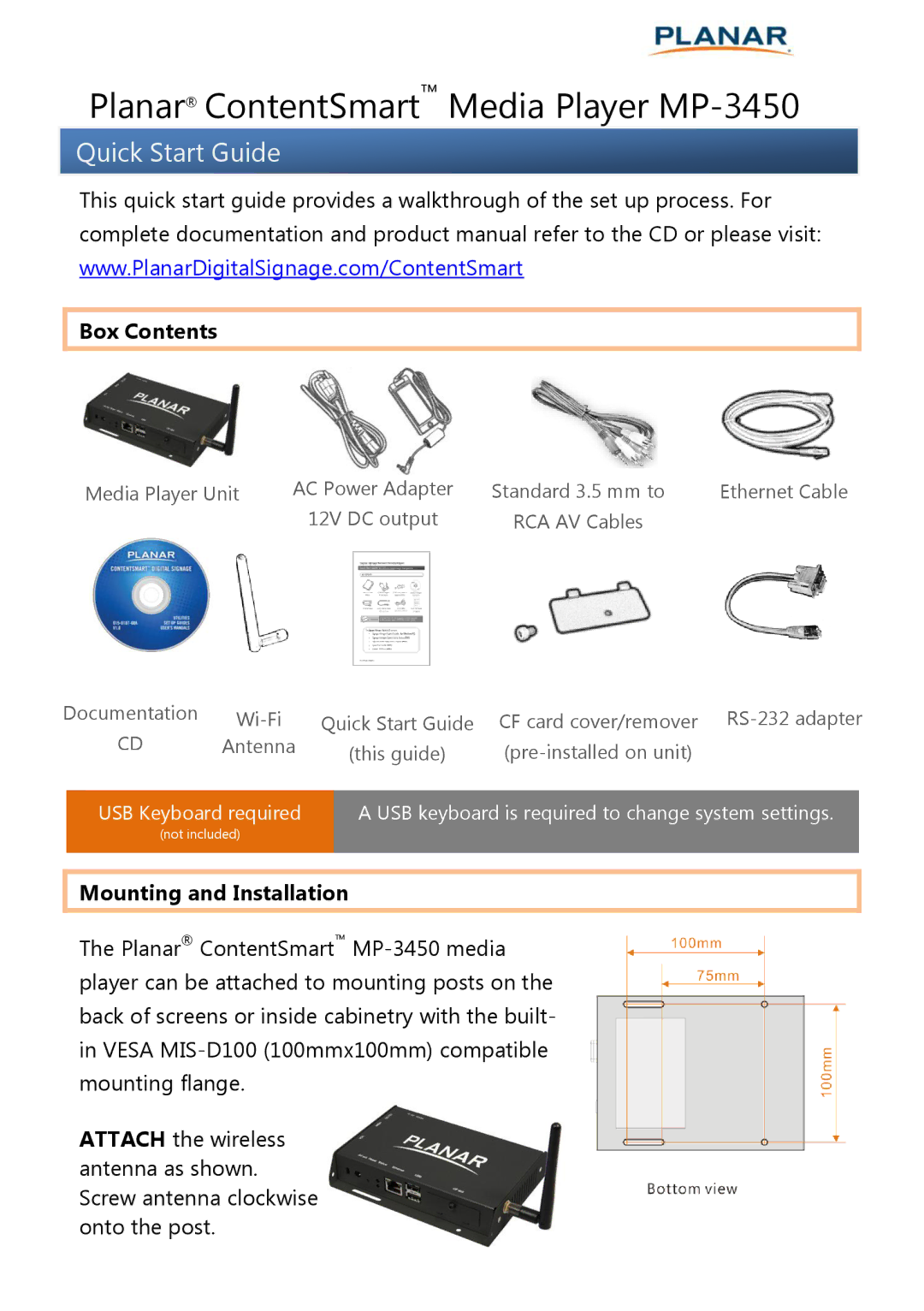 Planar quick start Planar ContentSmart Media Player MP-3450 