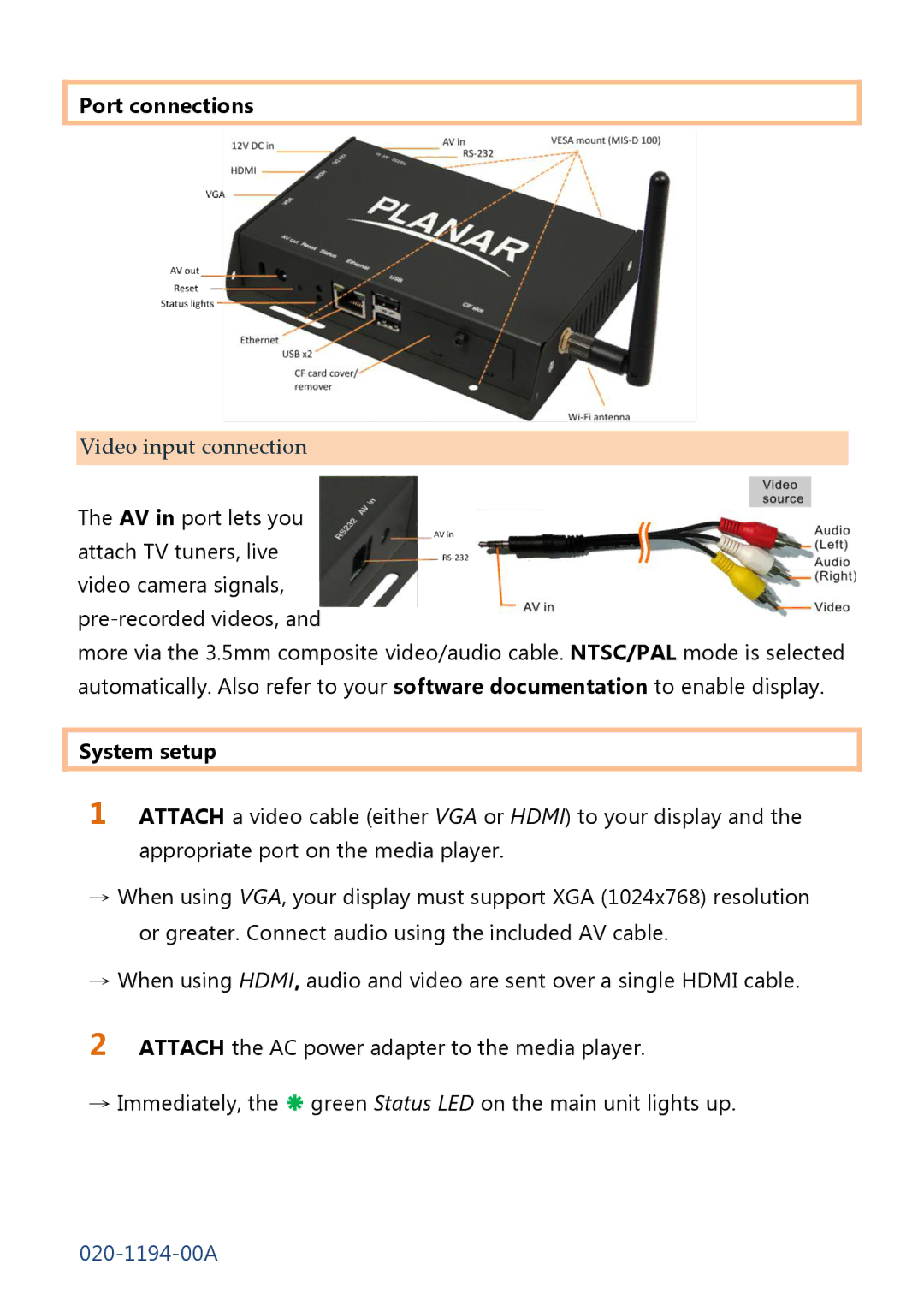 Planar MP-3450 quick start Port connections, System setup 