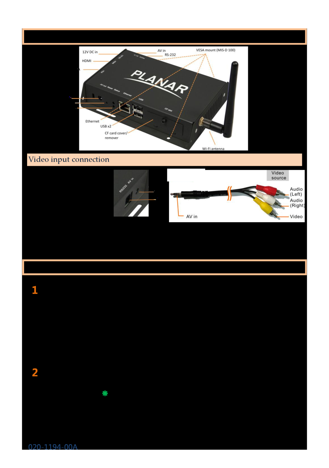 Planar MP-3450 quick start Port connections, System setup, 020-1194-00A, Video input connection 