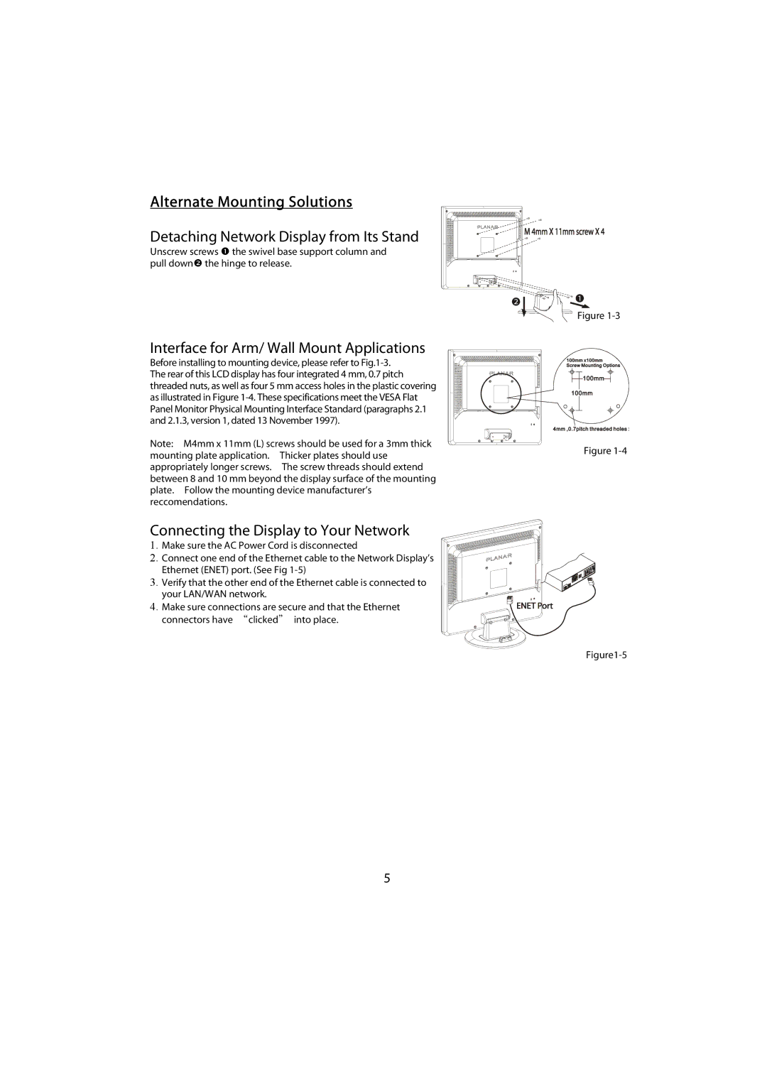 Planar ND1750, ND1950 manual Detaching Network Display from Its Stand, Interface for Arm/ Wall Mount Applications 