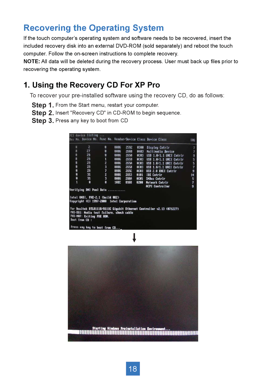 Planar PA1575R manual Recovering the Operating System, Using the Recovery CD For XP Pro 