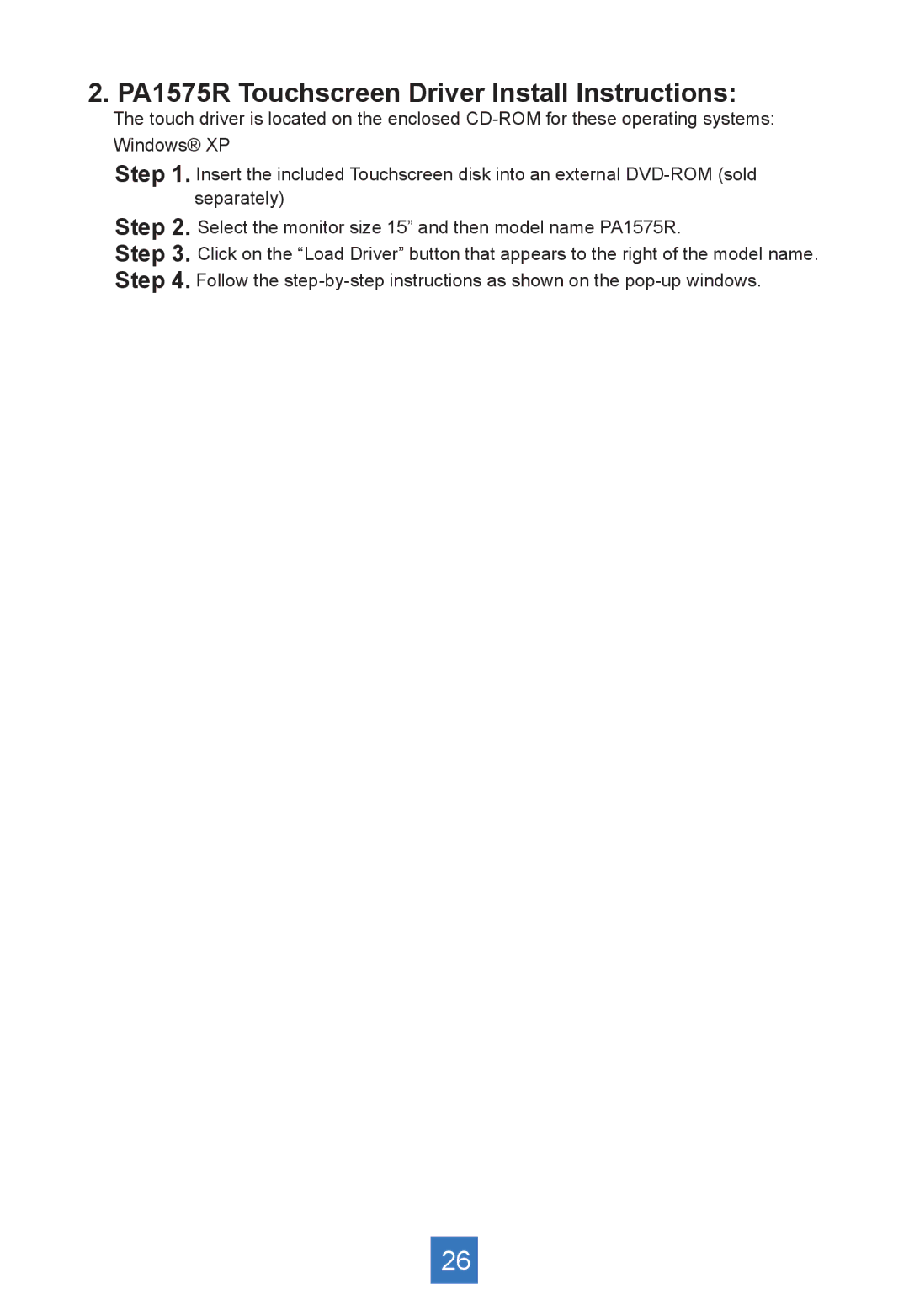 Planar manual PA1575R Touchscreen Driver Install Instructions 