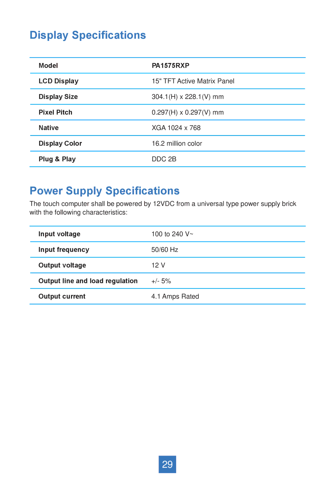 Planar PA1575R manual Display Speciﬁcations, Power Supply Speciﬁcations 