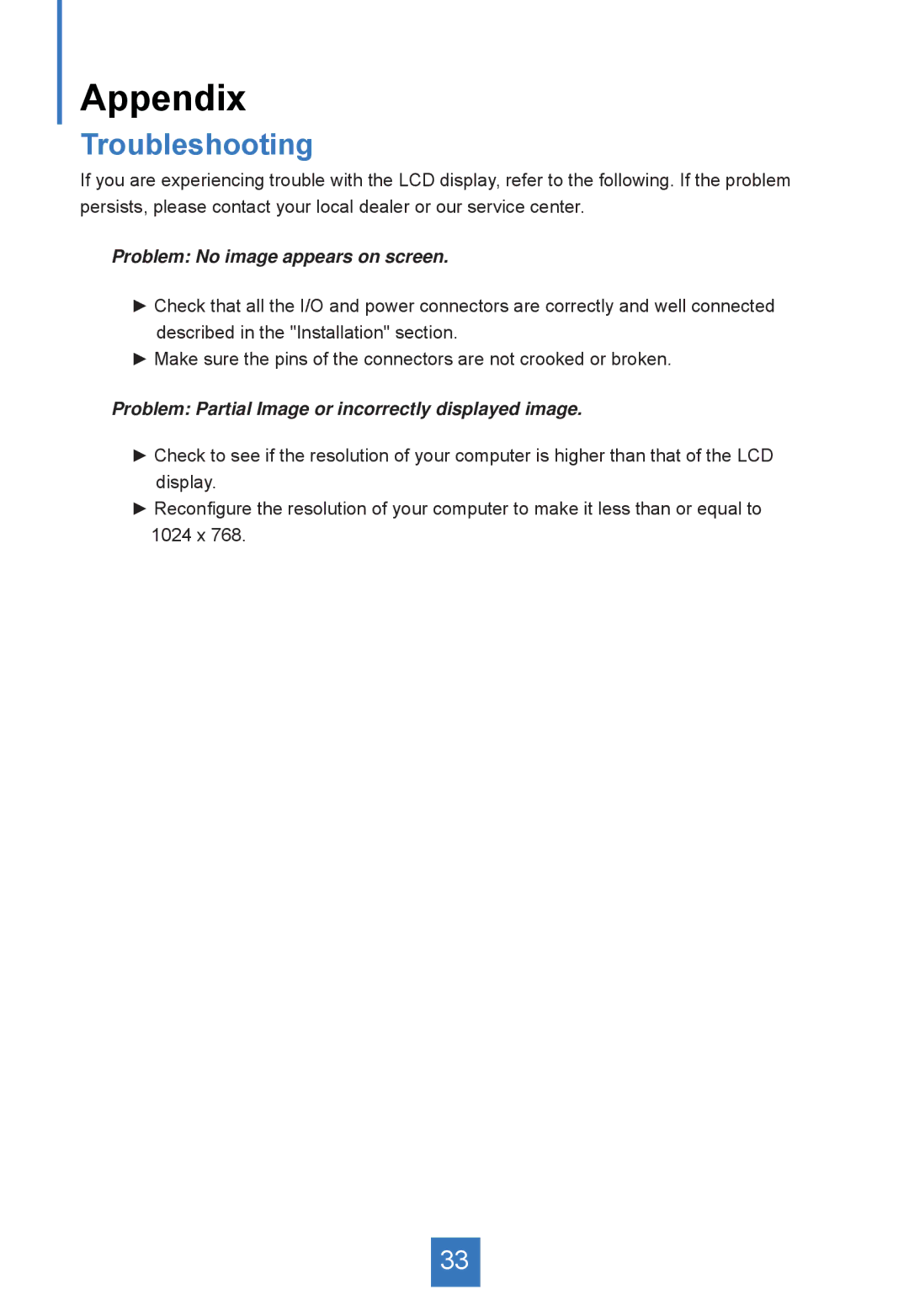 Planar PA1575R manual Appendix, Troubleshooting 