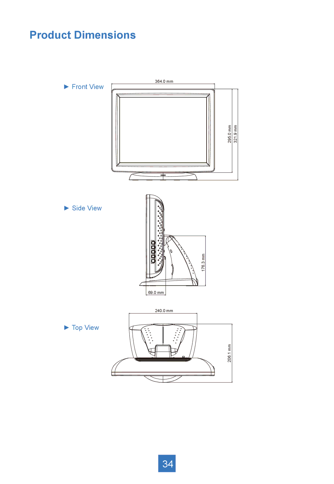 Planar PA1575R manual Product Dimensions 