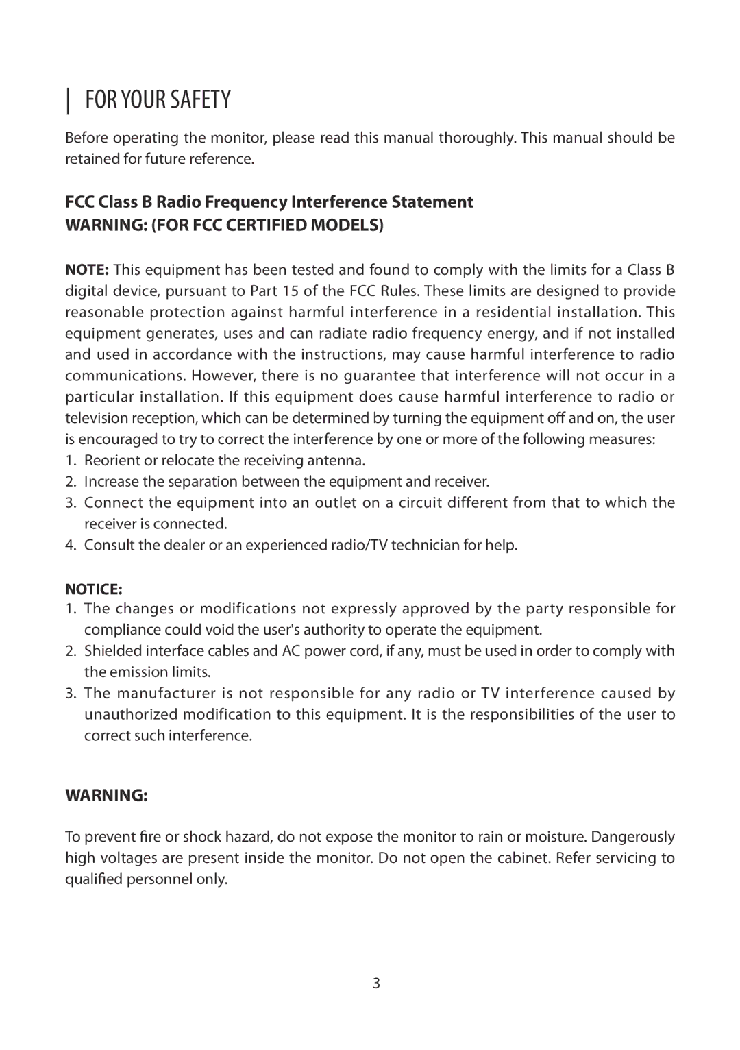 Planar PCT2265 manual For Your Safety, FCC Class B Radio Frequency Interference Statement 